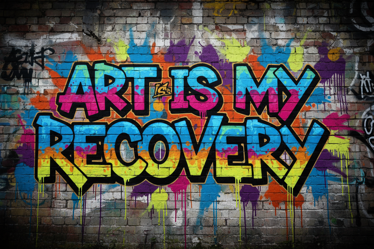 The words "Art is my Recovery" in Graffiti street style text with a Street style graffiti color scheme 